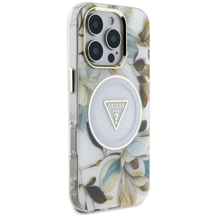 Guess Glitter Flowers Triangle Buttons MagSafe Case for iPhone 16 Pro White - Cell phone cases and covers<<<HurtelXML