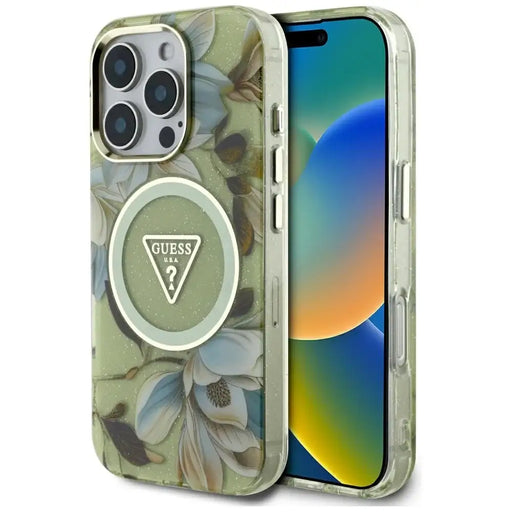 Guess Glitter Flowers Triangle Buttons MagSafe case for iPhone 16 Pro green - Cell phone cases and covers<<<HurtelXML