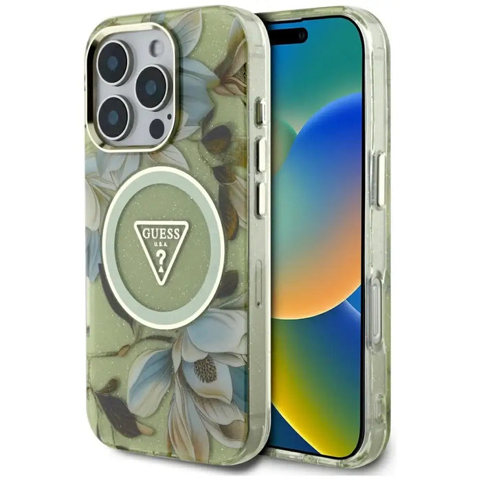 Guess Glitter Flowers Triangle Buttons MagSafe case for iPhone 16 Pro green - Cell phone cases and covers<<<HurtelXML