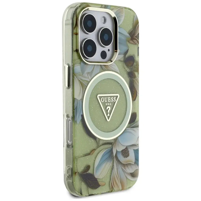 Guess Glitter Flowers Triangle Buttons MagSafe case for iPhone 16 Pro green - Cell phone cases and covers<<<HurtelXML