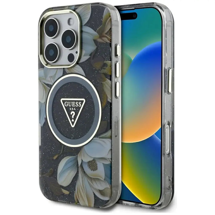 Guess Glitter Flowers Triangle Buttons MagSafe case for iPhone 16 Pro black - Cell phone cases and covers<<<HurtelXML