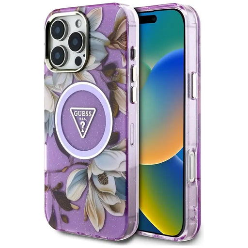 Guess Glitter Flowers Triangle Buttons MagSafe Case for iPhone 16 Pro Purple - Cell phone cases and covers<<<HurtelXML