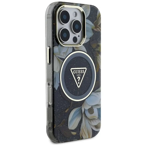 Guess Glitter Flowers Triangle Buttons MagSafe case for iPhone 16 Pro black - Cell phone cases and covers<<<HurtelXML