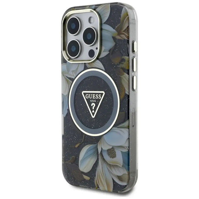 Guess Glitter Flowers Triangle Buttons MagSafe case for iPhone 16 Pro Max black - Cell phone cases