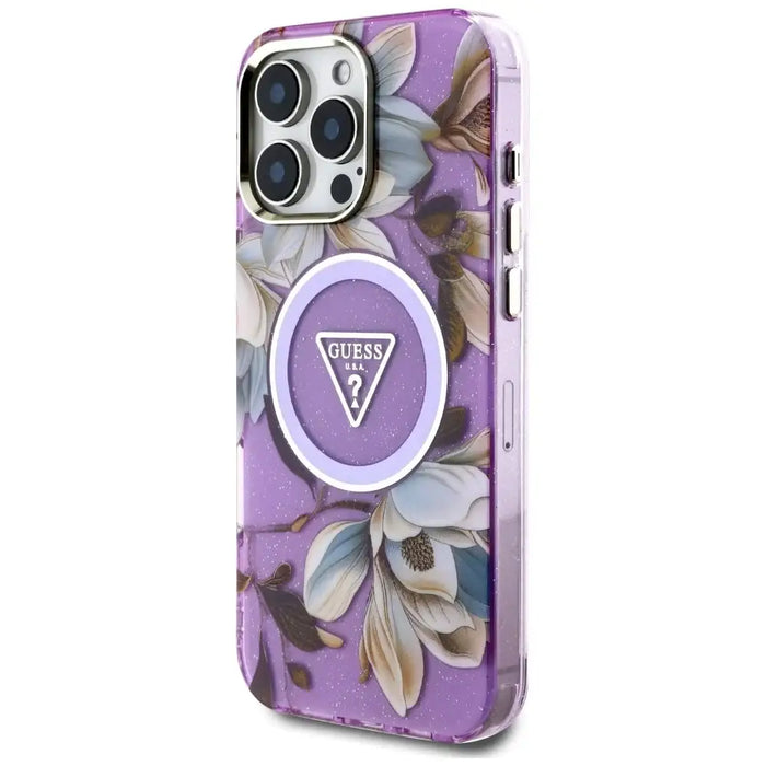Guess Glitter Flowers Triangle Buttons MagSafe Case for iPhone 16 Pro Purple - Cell phone cases and covers<<<HurtelXML