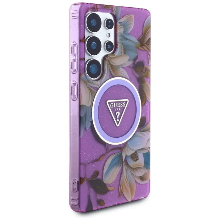 Guess Glitter Flowers Triangle Buttons MagSafe case for Samsung Galaxy S25 Ultra - purple - Cell phone cases