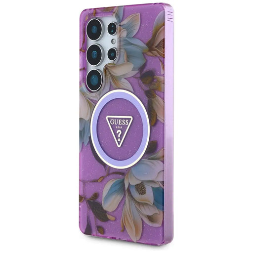 Guess Glitter Flowers Triangle Buttons MagSafe case for Samsung Galaxy S25 Ultra - purple - Cell phone cases