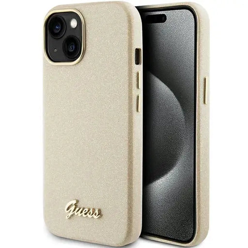 Guess Glitter Glossy Script case for iPhone 15 - gold - Cell phone cases and covers<<<HurtelXML