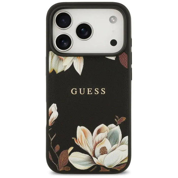 Guess Grained Flowers Classic Logo MagSafe case for iPhone 17 Pro - black - Cell phone cases and covers<<<HurtelXML