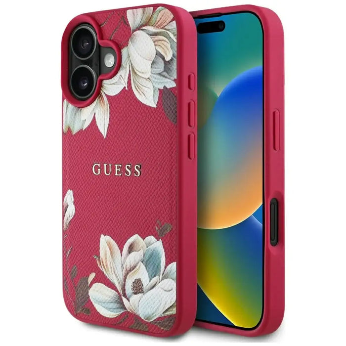 Guess Grained Printed Flower Pattern MagSafe case for iPhone 16 fuchsia - Cell phone cases and covers<<<HurtelXML