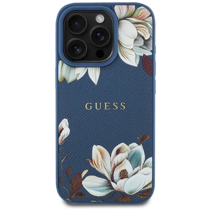 Guess Grained Printed Flower Pattern MagSafe case for iPhone 16 Pro blue - Cell phone cases and covers<<<HurtelXML