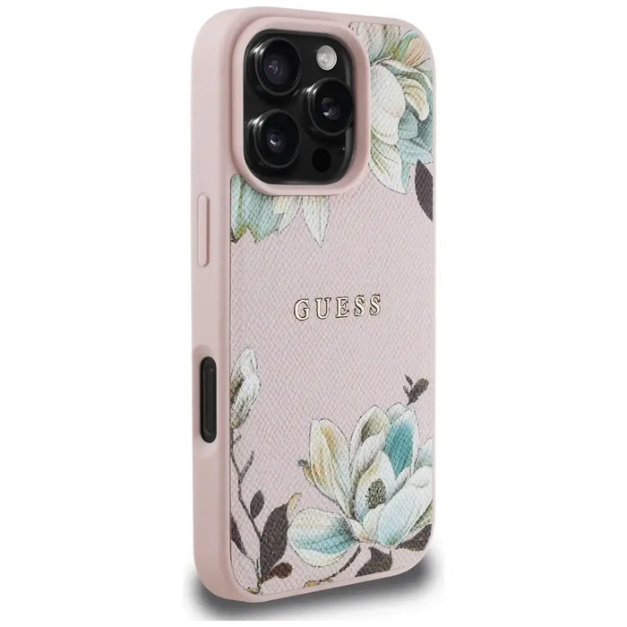 Guess Grained Printed Flower Pattern MagSafe Case for iPhone 16 Pro Pink - Cell phone cases and covers<<<HurtelXML