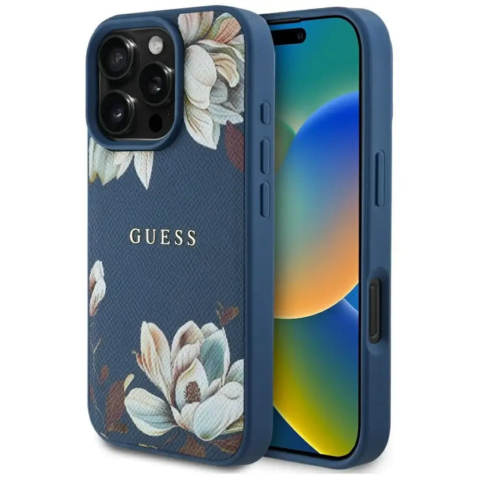 Guess Grained Printed Flower Pattern MagSafe case for iPhone 16 Pro blue - Cell phone cases and covers<<<HurtelXML