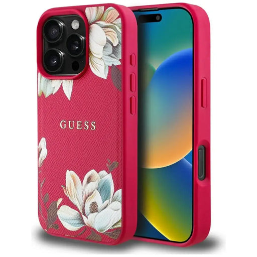 Guess Grained Printed Flower Pattern MagSafe case for iPhone 16 Pro Max fuchsia - Cell phone cases