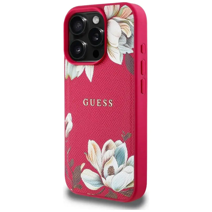 Guess Grained Printed Flower Pattern MagSafe case for iPhone 16 Pro Max fuchsia - Cell phone cases