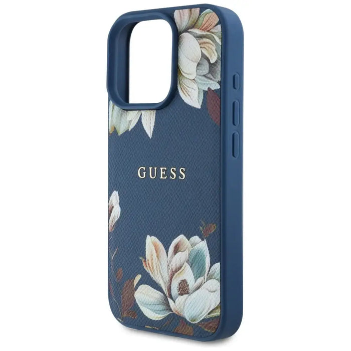 Guess Grained Printed Flower Pattern MagSafe case for iPhone 16 Pro blue - Cell phone cases and covers<<<HurtelXML