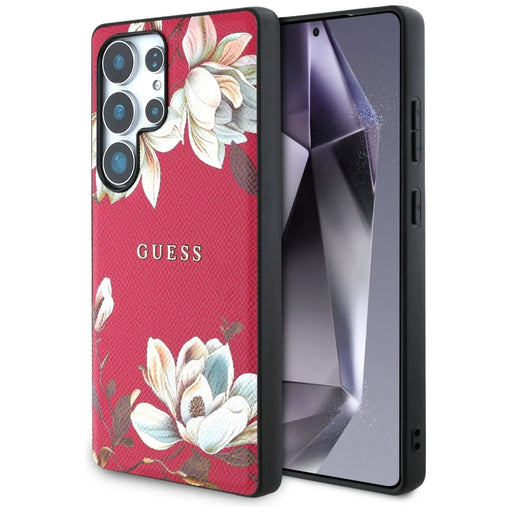 Guess Grained Printed Flower Pattern MagSafe Case for Samsung Galaxy S25 Ultra Fuchsia - Cell phone cases