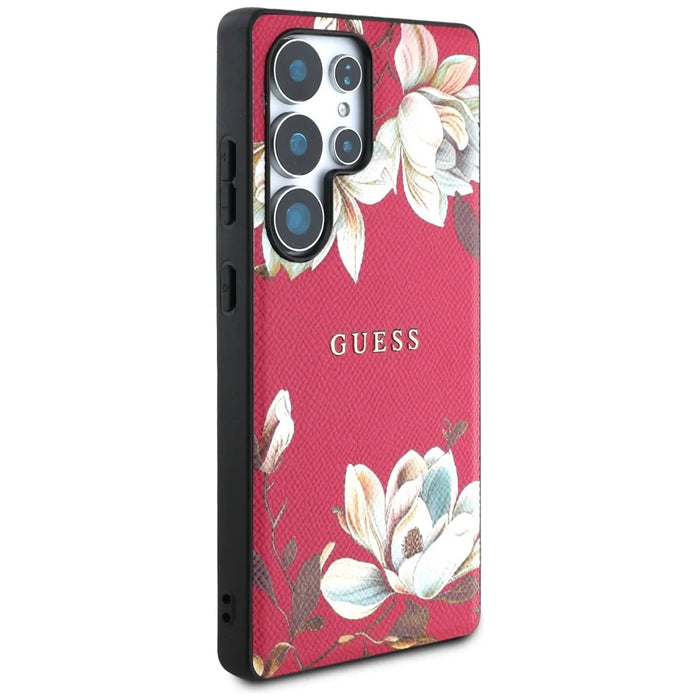 Guess Grained Printed Flower Pattern MagSafe Case for Samsung Galaxy S25 Ultra Fuchsia - Cell phone cases