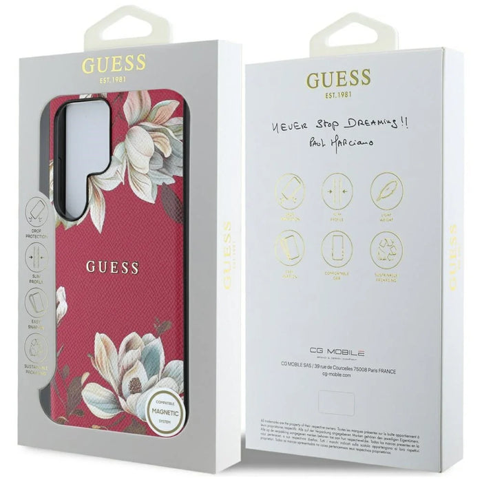 Guess Grained Printed Flower Pattern MagSafe Case for Samsung Galaxy S25 Ultra Fuchsia - Cell phone cases