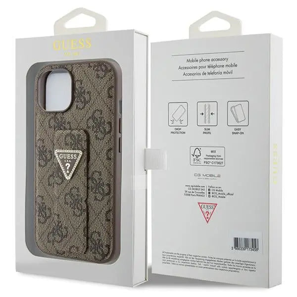 Guess Grip Stand 4G Triangle Strass case for iPhone 15 - brown - Cell phone cases and covers<<<HurtelXML