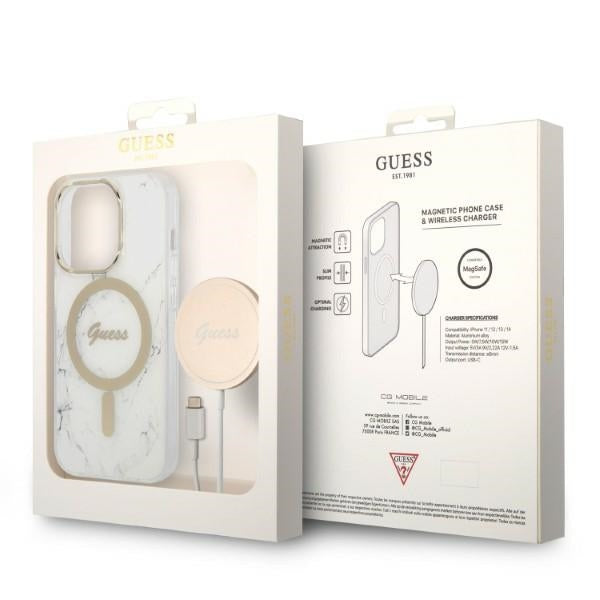 Guess GUBPP14LHMEACSH Case+ Charger Set iPhone 14 Pro 6.1’’ white/white hard case Marble MagSafe - Cell phone cases