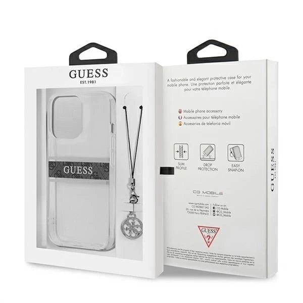 Guess GUHCP13LKB4GGR iPhone 13 Pro / 13 6,1’’ Transparent hardcase 4G Grey Strap Charm - Cell phone cases