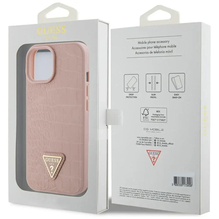Guess GUHCP15SPCRTHCP iPhone 15 6.1’’ pink/pink hardcase Croco Triangle Metal Logo - Cell phone cases