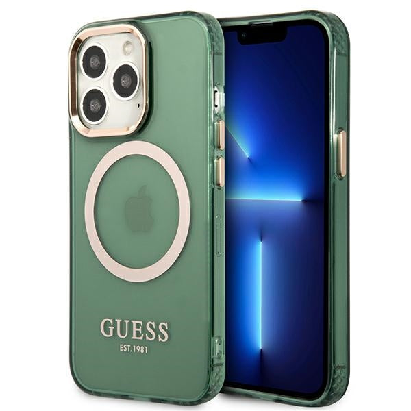 Guess GUHMP13LHTCMA iPhone 13 Pro / 13 6.1’’ green/khaki hard case Gold Outline Translucent MagSafe - Cell phone cases