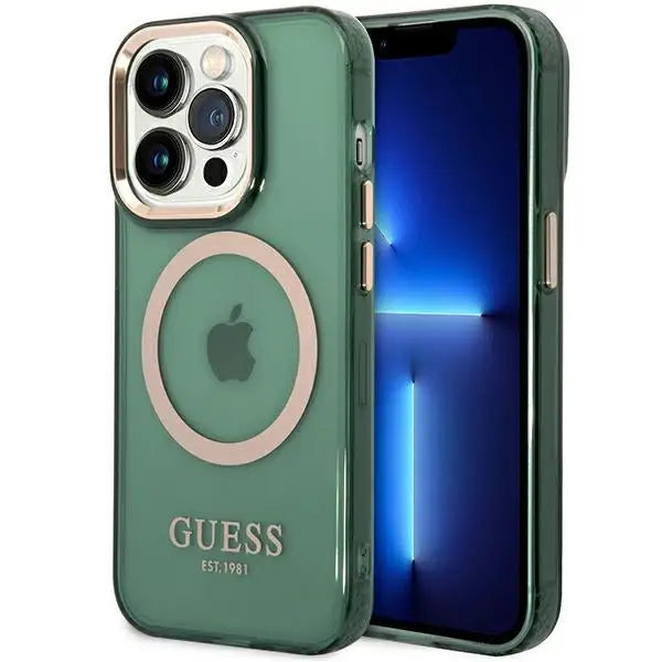 Guess GUHMP14XHTCMA iPhone 14 Pro Max 6.7’’ green/khaki hard case Gold Outline Translucent MagSafe - Cell phone cases