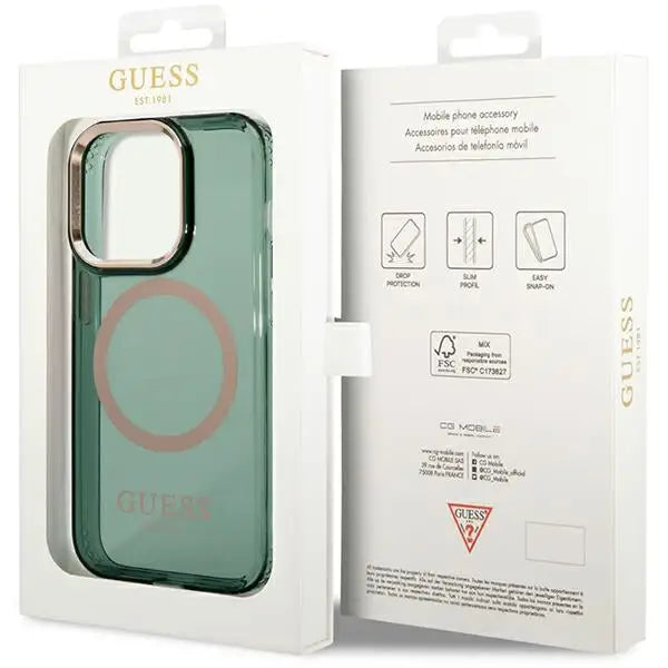 Guess GUHMP14XHTCMA iPhone 14 Pro Max 6.7’’ green/khaki hard case Gold Outline Translucent MagSafe - Cell phone cases