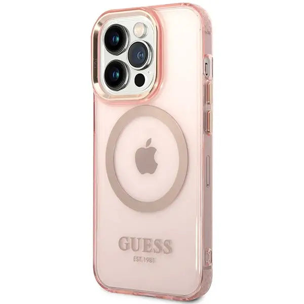Guess GUHMP14XHTCMP iPhone 14 Pro Max 6.7’’ pink/pink hard case Gold Outline Translucent MagSafe - Cell phone cases