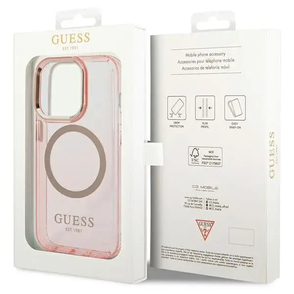 Guess GUHMP14XHTCMP iPhone 14 Pro Max 6.7’’ pink/pink hard case Gold Outline Translucent MagSafe - Cell phone cases