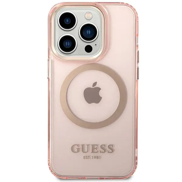 Guess GUHMP14XHTCMP iPhone 14 Pro Max 6.7’’ pink/pink hard case Gold Outline Translucent MagSafe - Cell phone cases