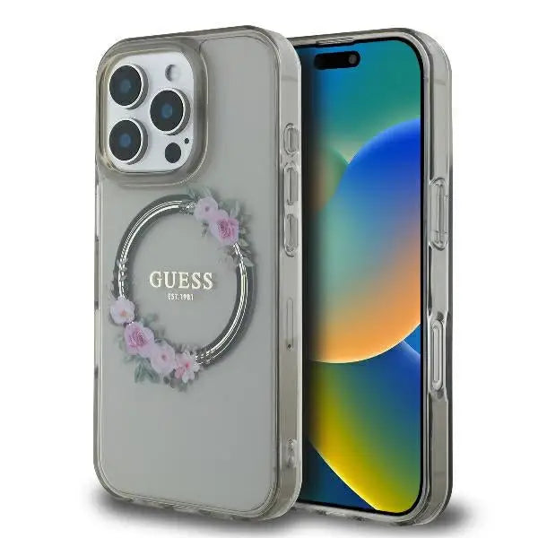 Guess GUHMP16XHFWFCK iPhone 16 Pro Max 6.9’’ black/black hardcase IML Flowers Wreath MagSafe - Cell phone cases