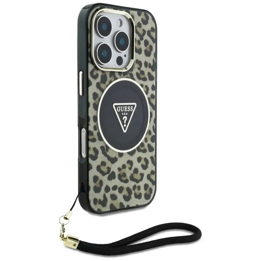 Guess HC IML Leopard Triangle Cord Strap MagSafe Case for iPhone 16 Pro Max - Brown - Cell phone cases