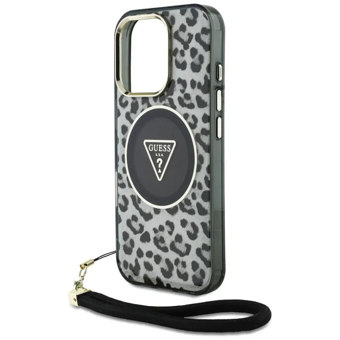 Guess HC IML Leopard Triangle Cord Strap MagSafe Case for iPhone 16 Pro Max - Black - Cell phone cases