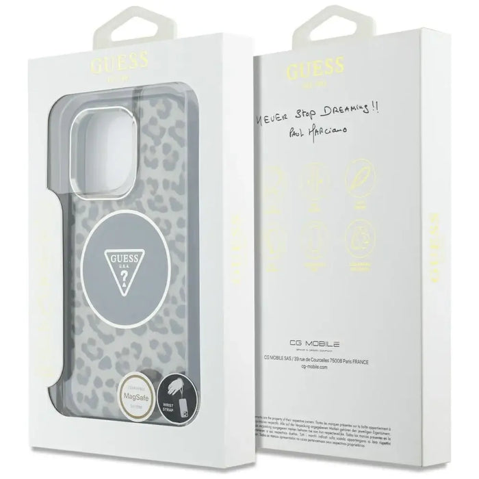Guess HC IML Leopard Triangle Cord Strap MagSafe Case for iPhone 16 Pro Max - Brown - Cell phone cases