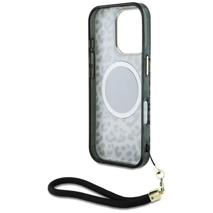 Guess HC IML Leopard Triangle Cord Strap MagSafe Case for iPhone 16 Pro - Black - Cell phone cases