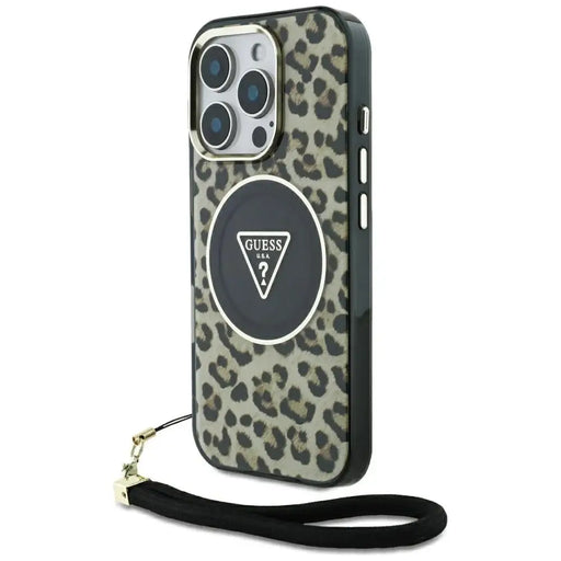 Guess HC IML Leopard Triangle Cord Strap MagSafe Case for iPhone 16 Pro Max - Brown - Cell phone cases