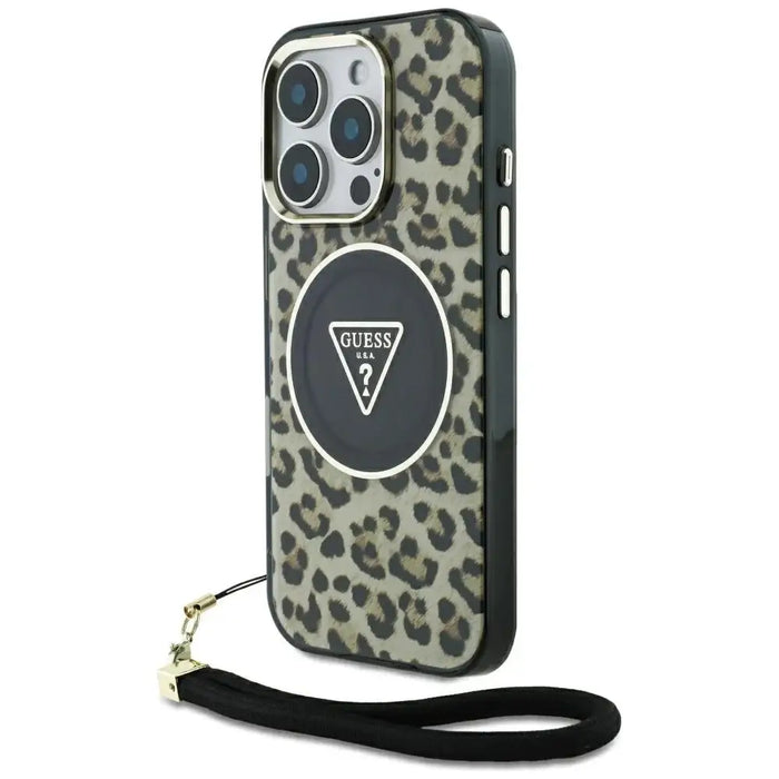 Guess HC IML Leopard Triangle Cord Strap MagSafe Case for iPhone 16 Pro Max - Brown - Cell phone cases