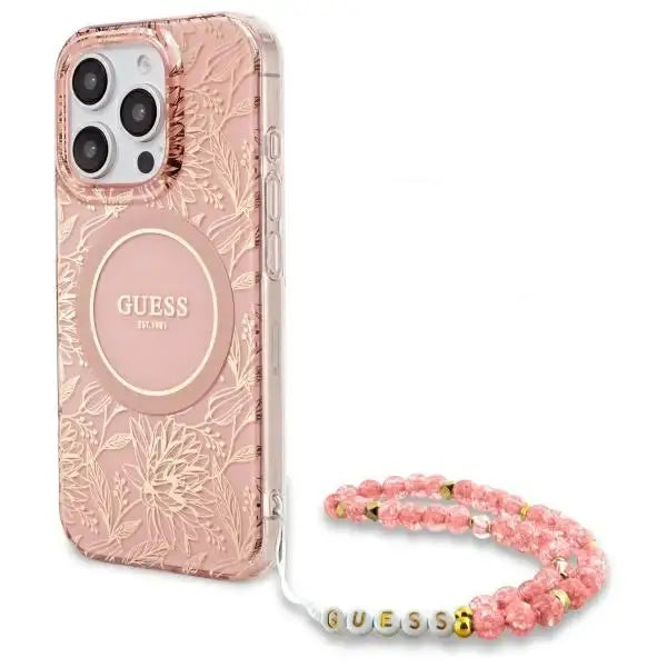 Guess IML Flowers Allover Electro With Pearl Strap MagSafe case for iPhone 16 Pro Max - pink - Cell phone cases