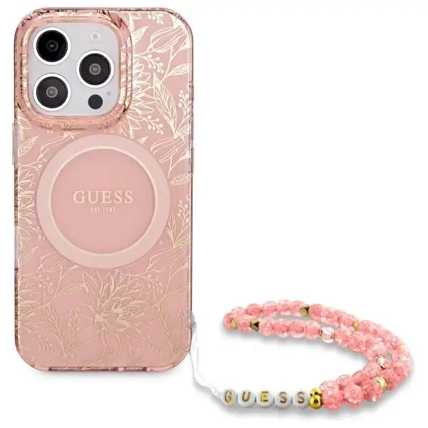Guess IML Flowers Allover Electro With Pearl Strap MagSafe case for iPhone 16 Pro Max - pink - Cell phone cases
