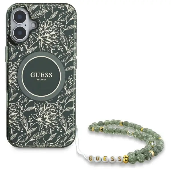 Guess IML Flowers Allover Electro With Pearl Strap MagSafe case for iPhone 16 - green - Cell phone cases