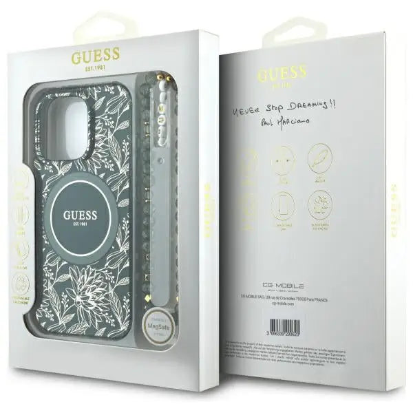 Guess IML Flowers Allover Electro With Pearl Strap MagSafe case for iPhone 16 Pro Max - green - Cell phone cases