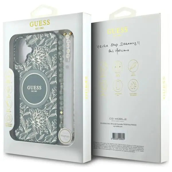 Guess IML Flowers Allover Electro With Pearl Strap MagSafe case for iPhone 16 - green - Cell phone cases