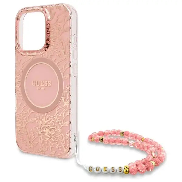 Guess IML Flowers Allover Electro With Pearl Strap MagSafe case for iPhone 16 Pro - pink - Cell phone cases