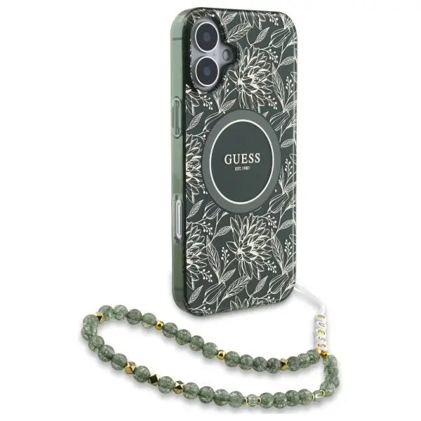 Guess IML Flowers Allover Electro With Pearl Strap MagSafe case for iPhone 16 - green - Cell phone cases