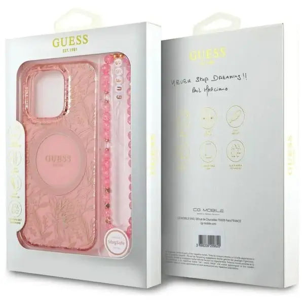 Guess IML Flowers Allover Electro With Pearl Strap MagSafe case for iPhone 16 Pro - pink - Cell phone cases
