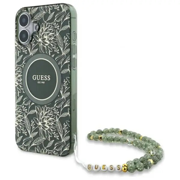 Guess IML Flowers Allover Electro With Pearl Strap MagSafe case for iPhone 16 - green - Cell phone cases