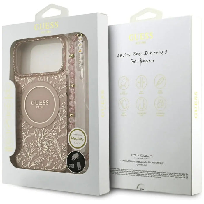 Guess IML Flowers Electro Pearl Strap MagSafe Case for iPhone 17 Pro Max - Pink - Cell phone cases
